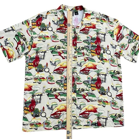 Vintage GUESS Men's L Asian Geisha Print Camp Button Down Shirt Short Sleeve - Picture 2 of 4